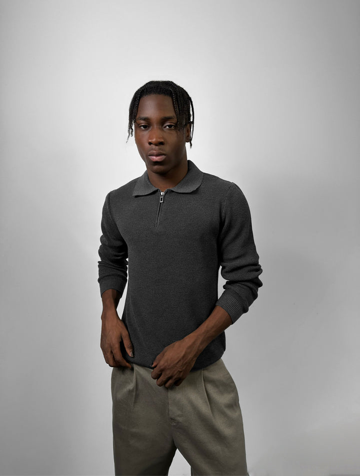 Loose Fit Polo Knit Sweater - Anthracite