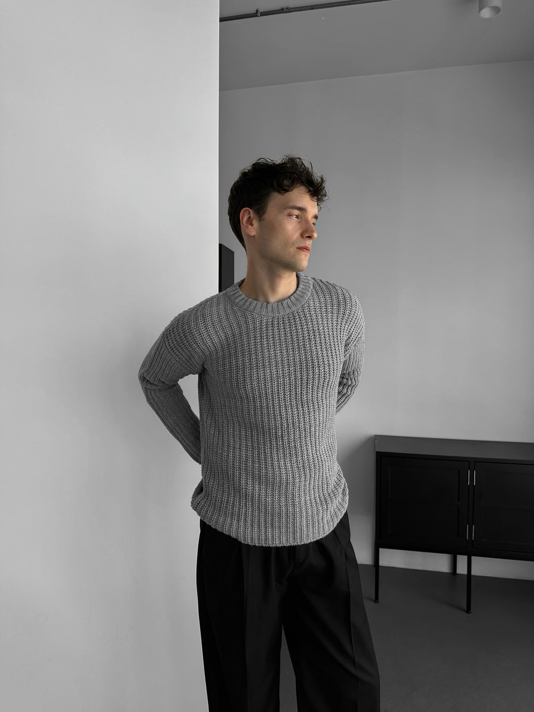 Slim Fit Braid Knit Sweater - Grey
