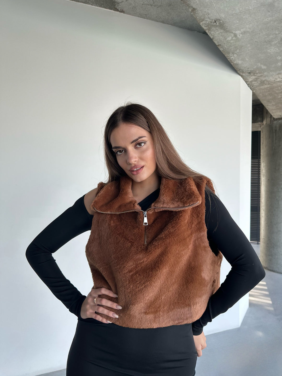 Faux Fur Vest with Zip - Coffee
