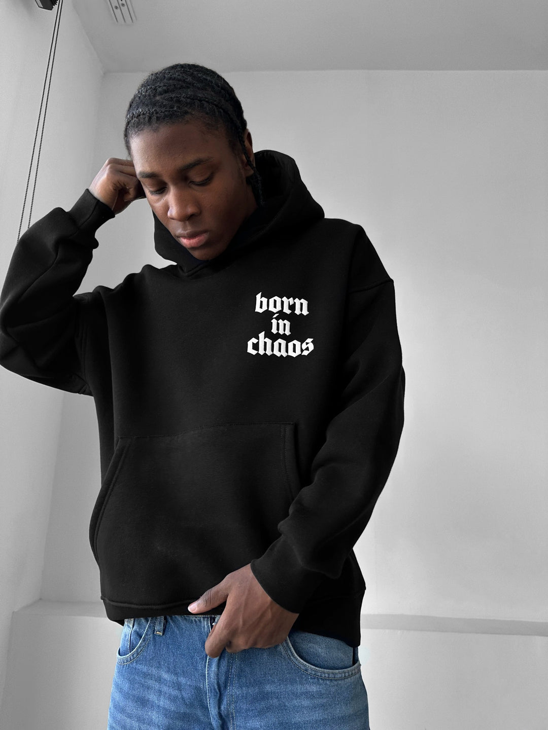 Oversize “Born in Chaos” Hoodie - Black
