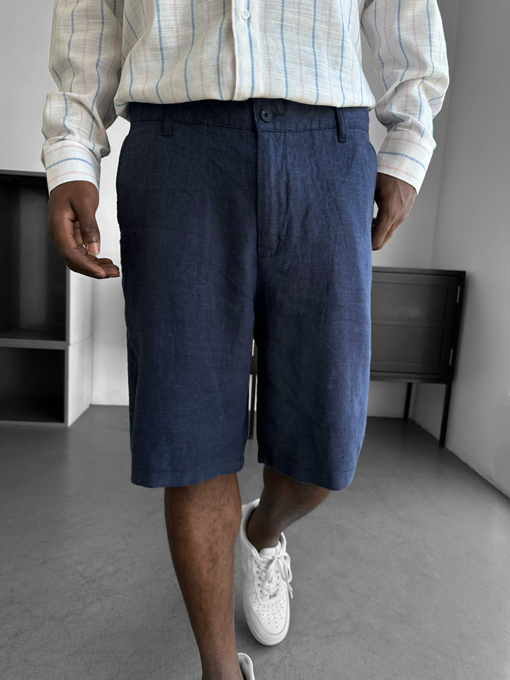 Loose Fit Linen Shorts - Navy Blue