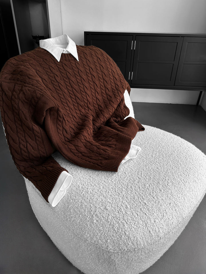 Oversize Knit Braid Sweater - Dark Brown