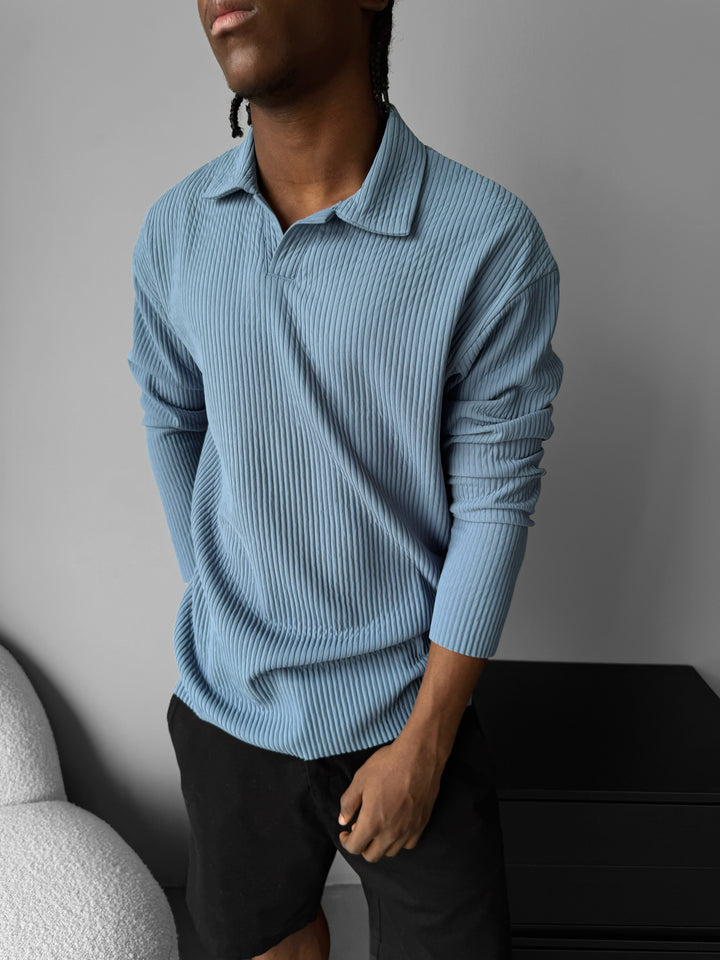 Oversize Ribbed Long Arm Polo T-shirt - Coronet Blue