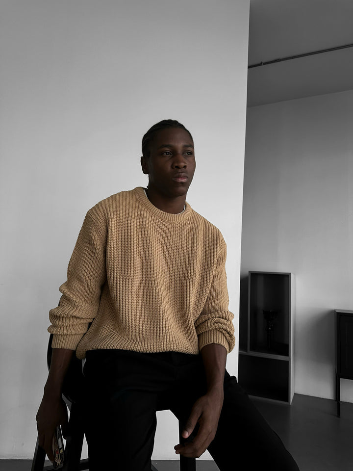 Oversize Structured Knit Sweater - Brown