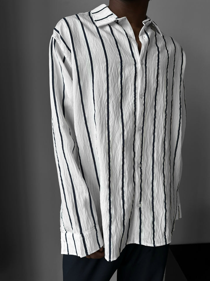 Oversize Striped Long Sleeve Shirt - White and Saks