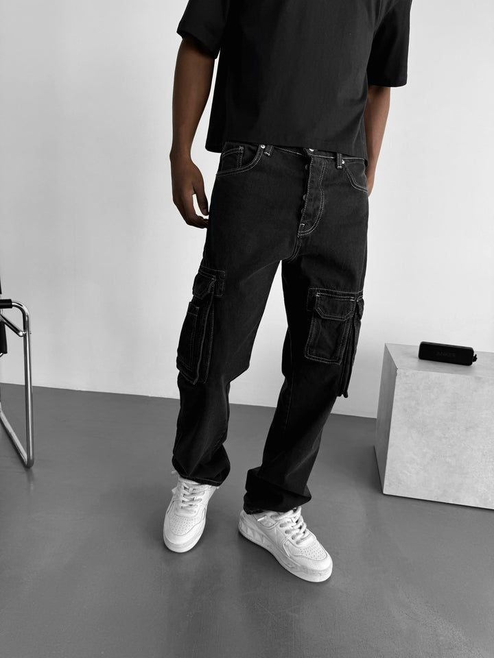 Baggy Cargo Jeans with Pockets - Black