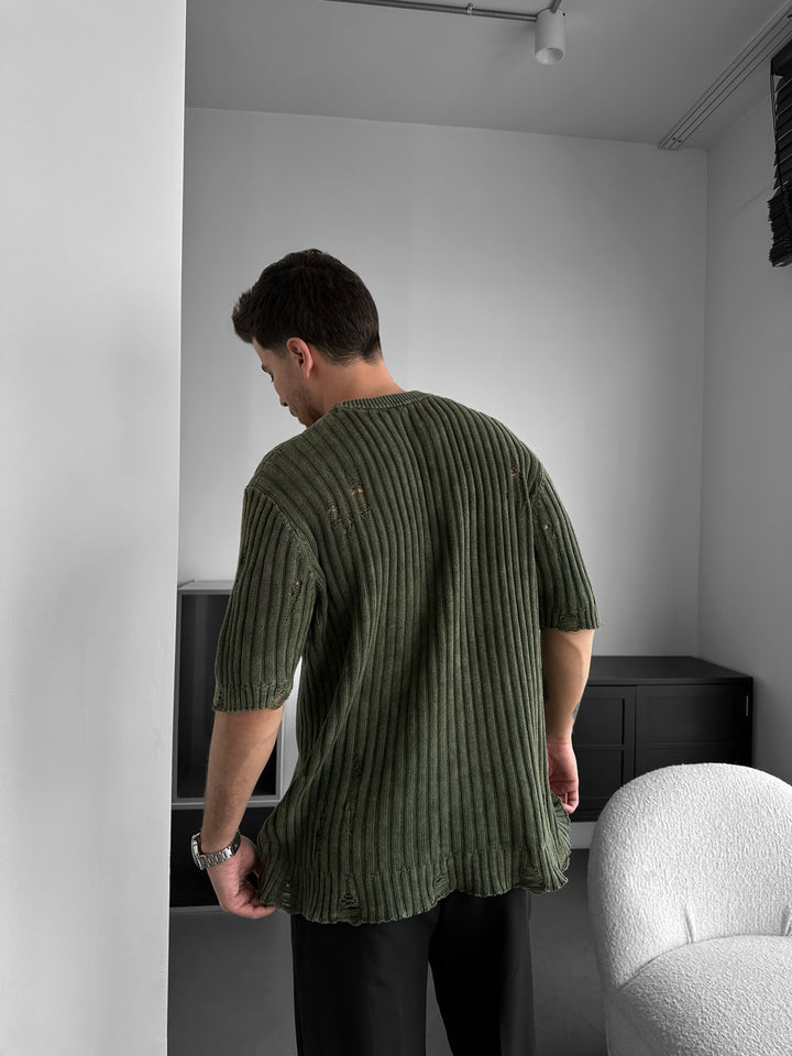 Oversize Torn Washed Knit T-shirt - Khaki