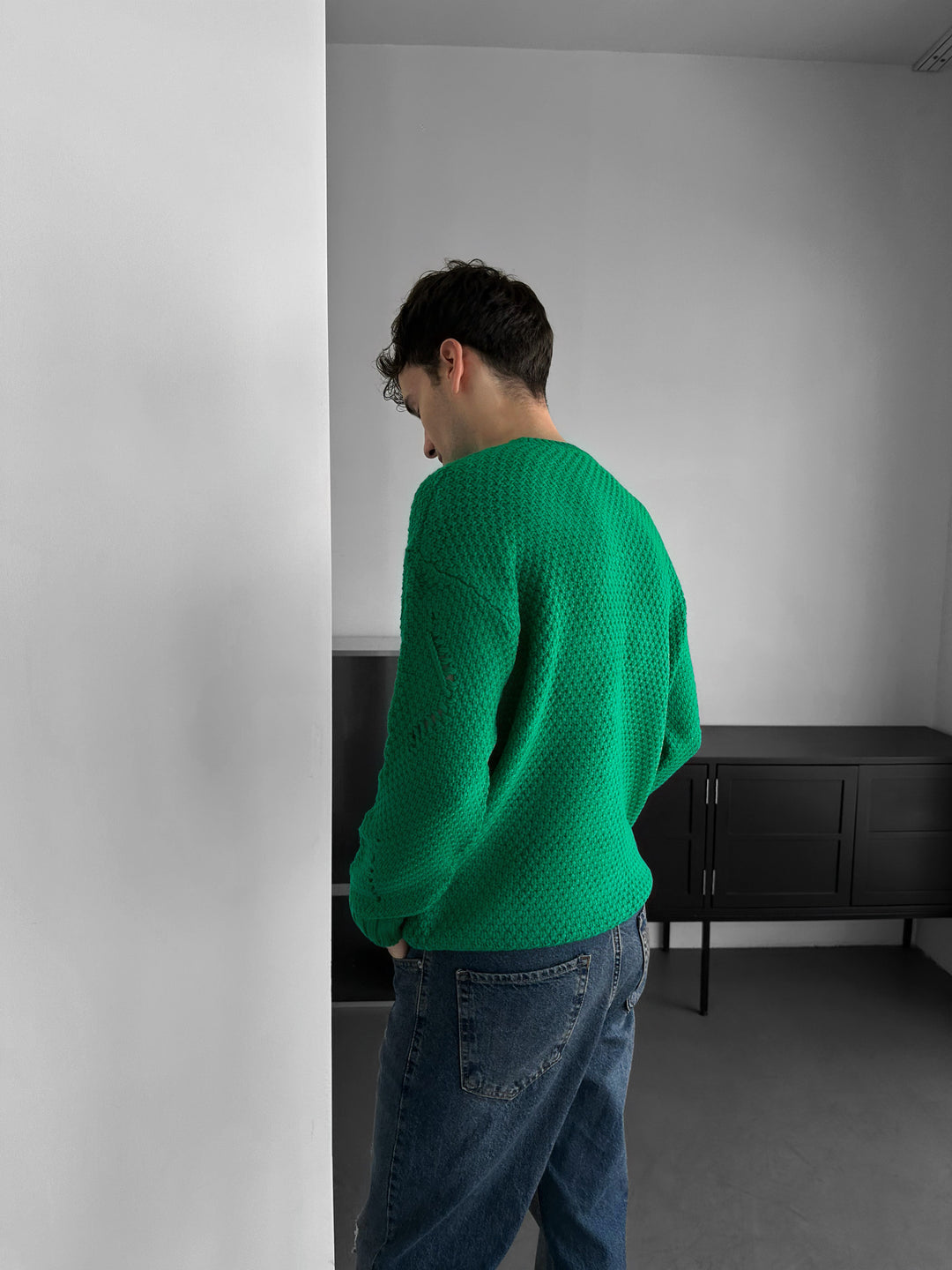 Regular Fit Textured Torn Sweater - Green