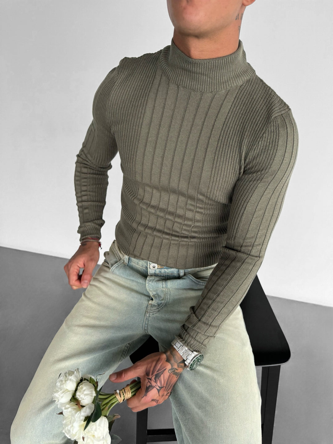 Half Collar Skinny Pullover - Khaki