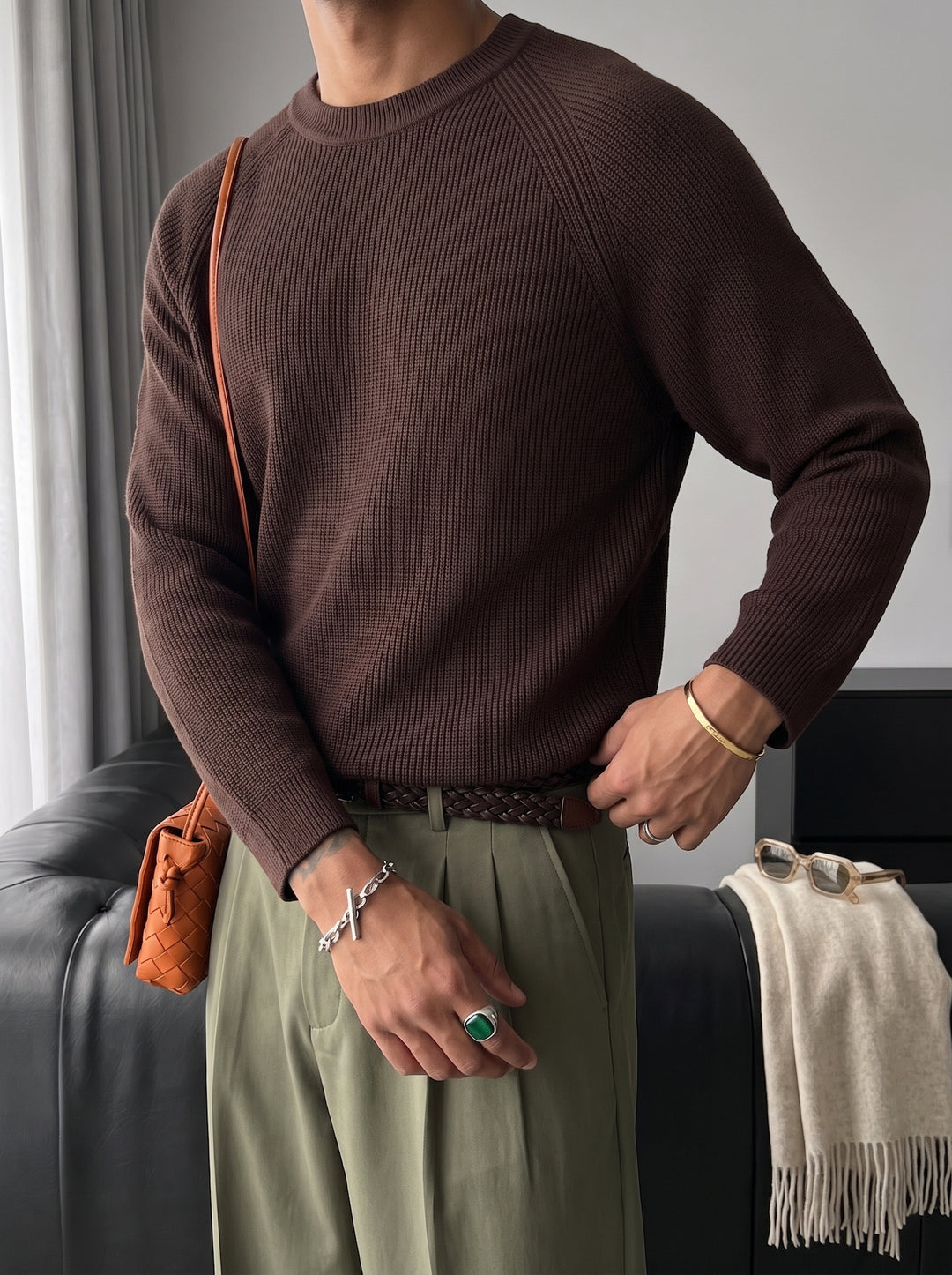 Slim Fit Thin Knit Sweater - Dark Brown