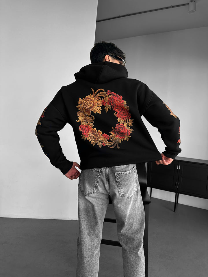 Oversize Chrysanthemum Hoodie - Black