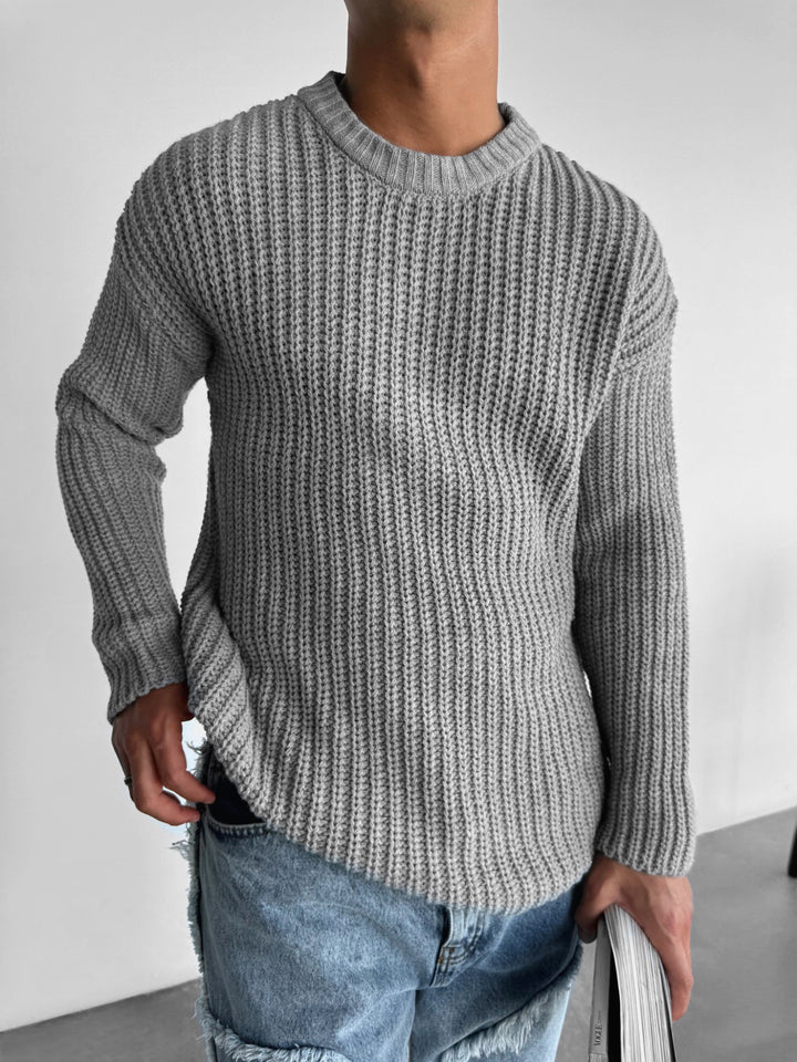 Oversize Round Neck Knit Sweater - Mottled Grey