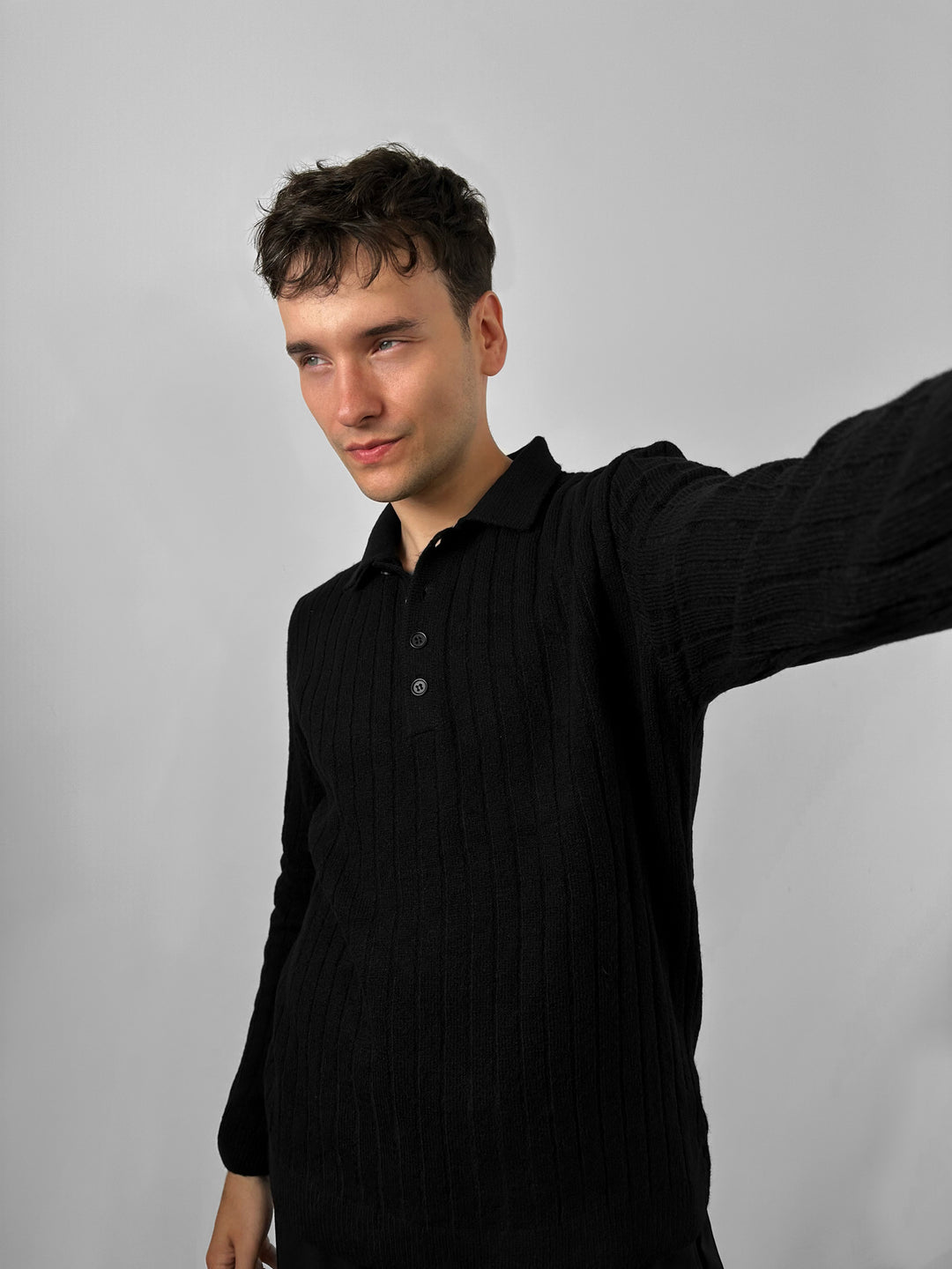 Loose Fit Polo Knit Pullover - Black