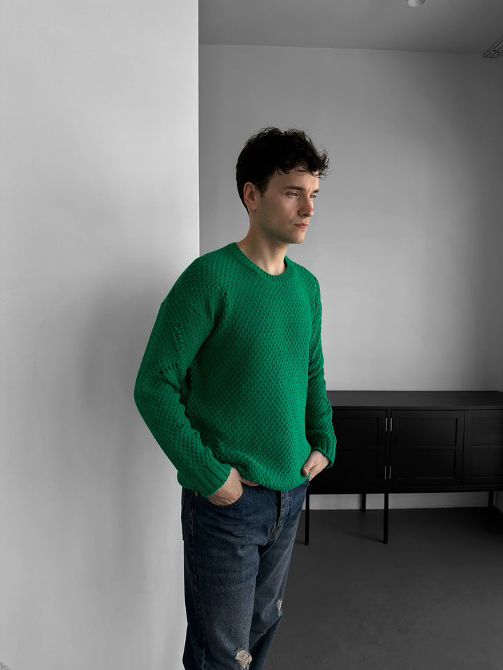Regular Fit Textured Torn Sweater - Green