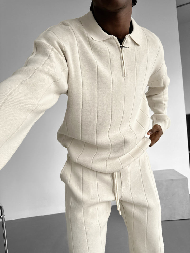 Oversize Lines Knit Zipper Polo Sweatshirt - Ecru