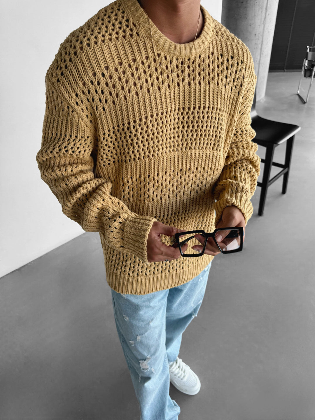 Oversize Holey Knit Sweater - Mustard