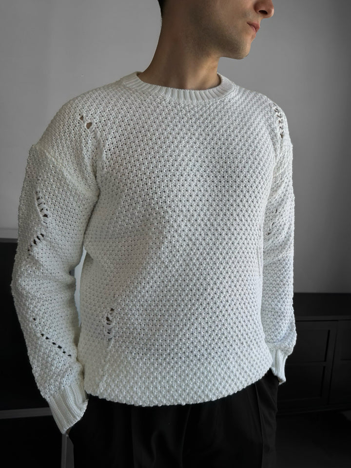 Regular Fit Textured Torn Sweater - White