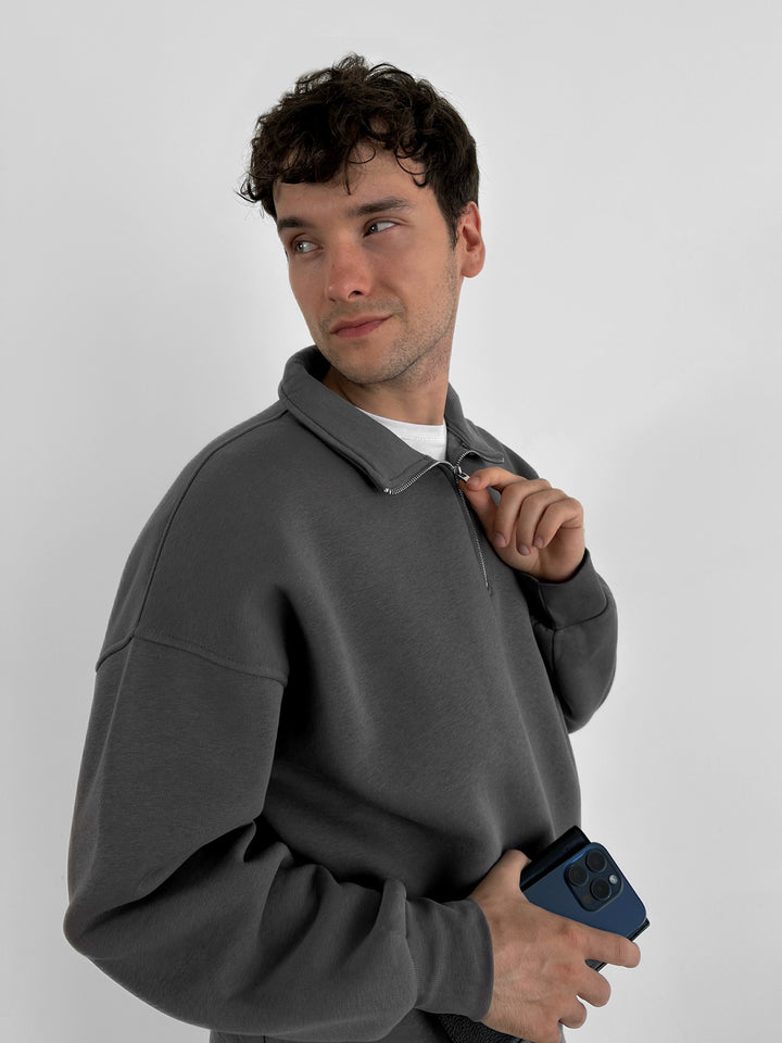 Oversize Half-Zip Polo Sweatshirt - Anthracite