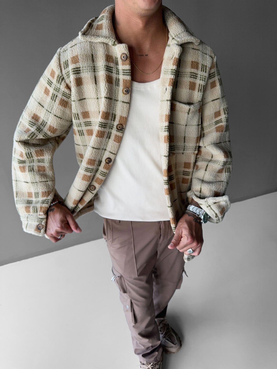 Oversize thick checked plush Shirt - Beige