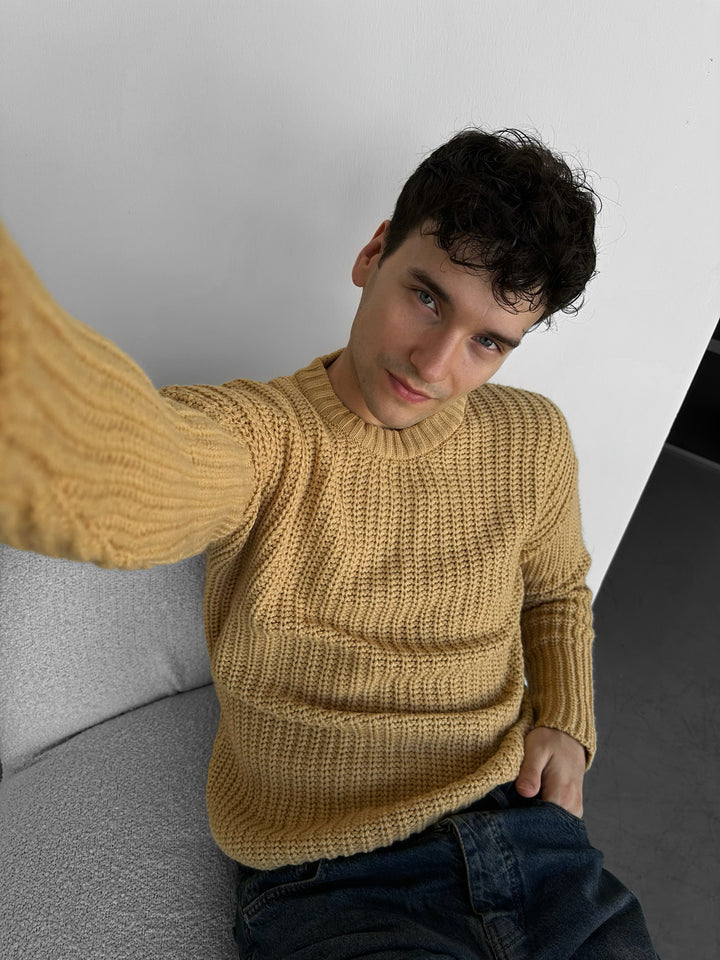 Slim Fit Braid Knit Sweater - Beige