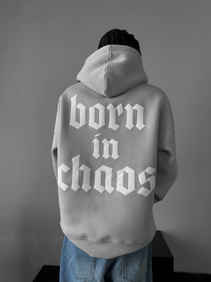 Oversize “Born in Chaos” Hoodie - Grey