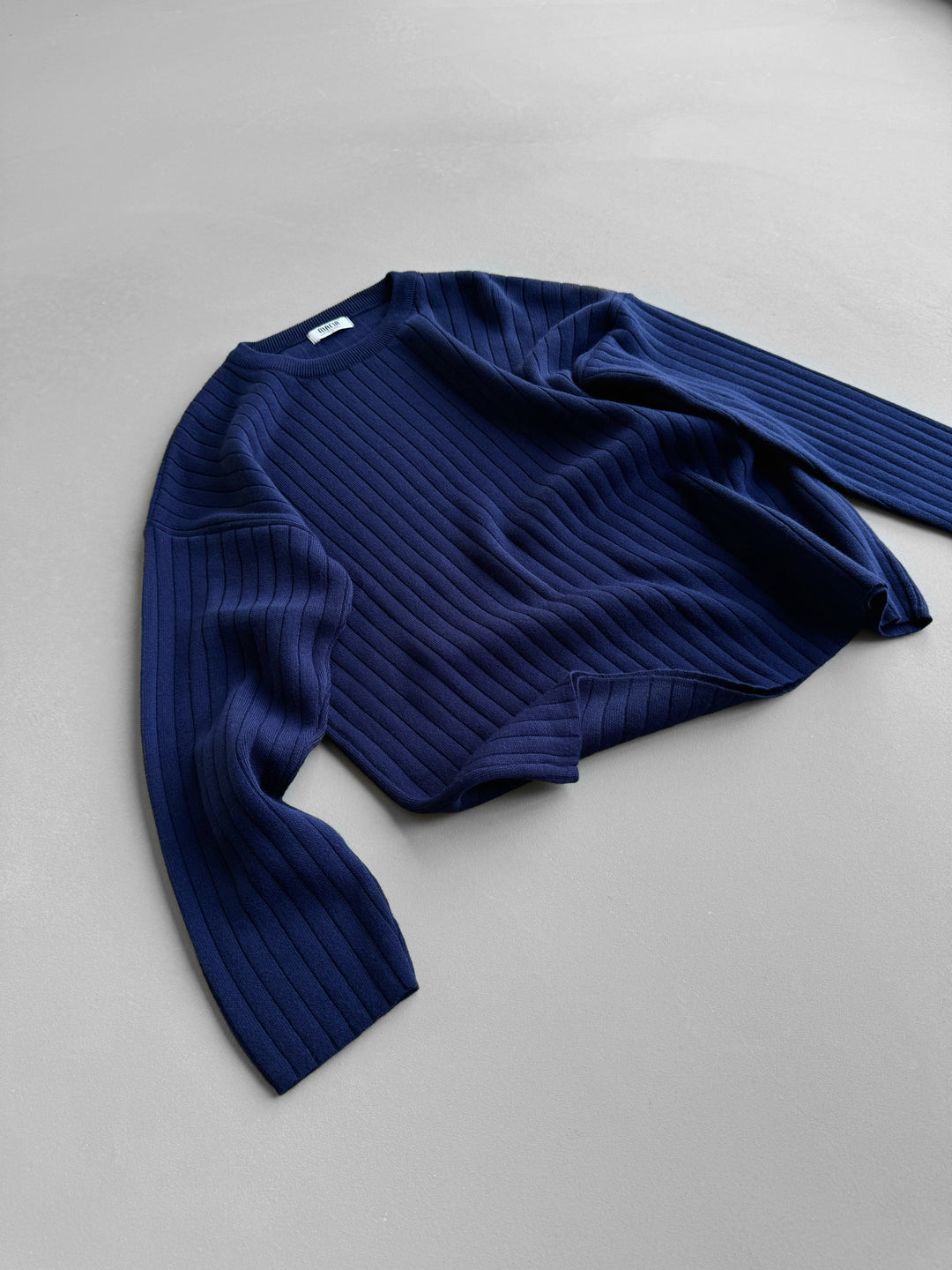 Oversize Wide Ribbed Long Arm Knit Sweatshirt - Navy Blue