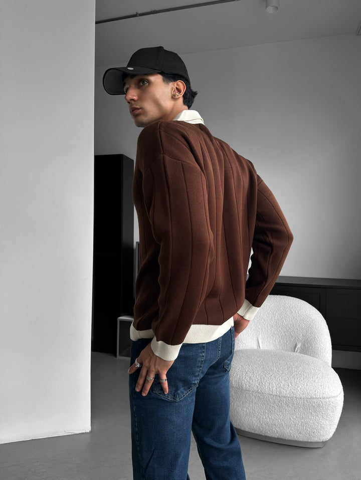 Oversized Embroidered Polo Sweater - Brown