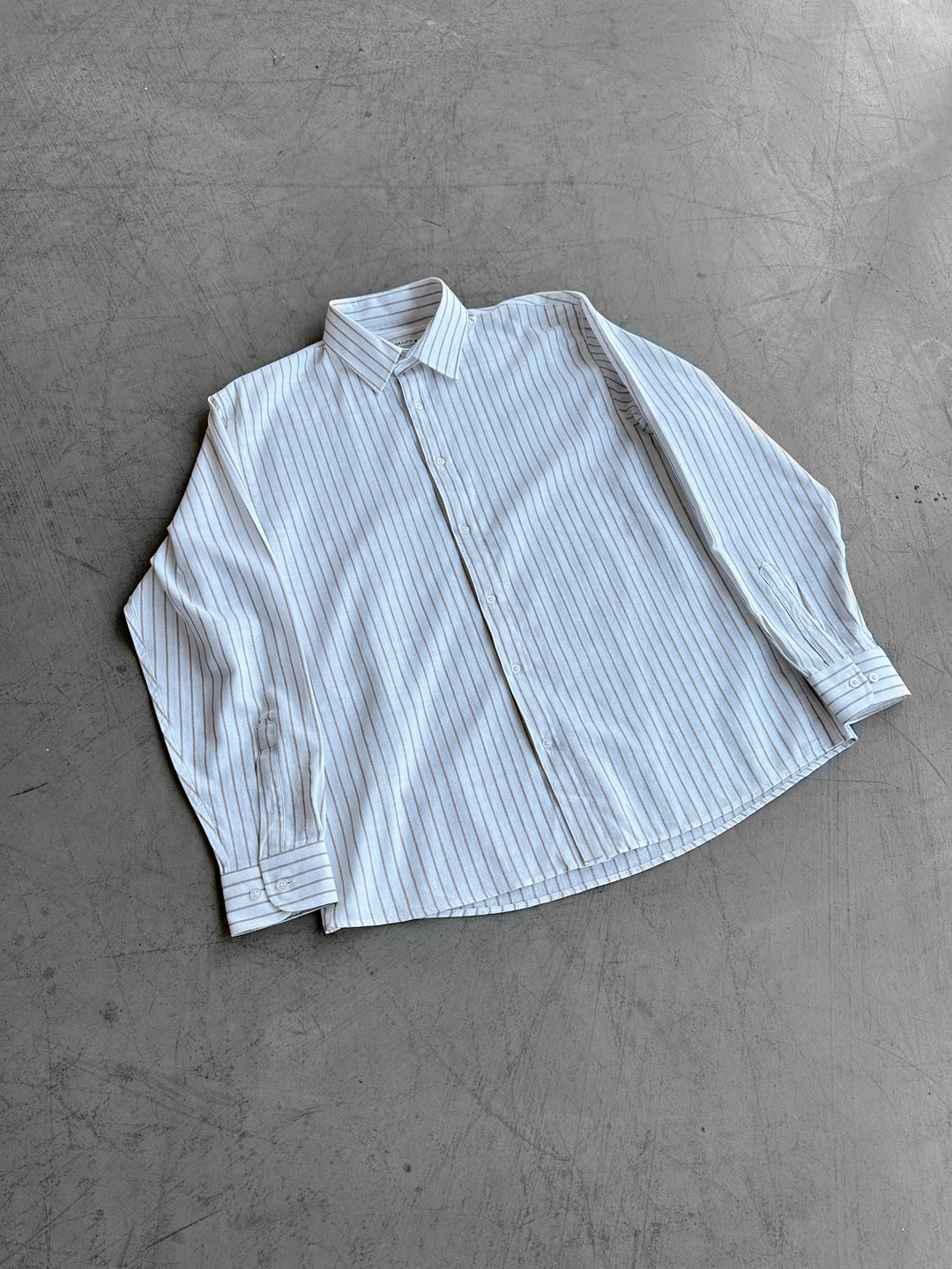 Oversize Cotton Thin Striped Shirt - Ecru and Camel