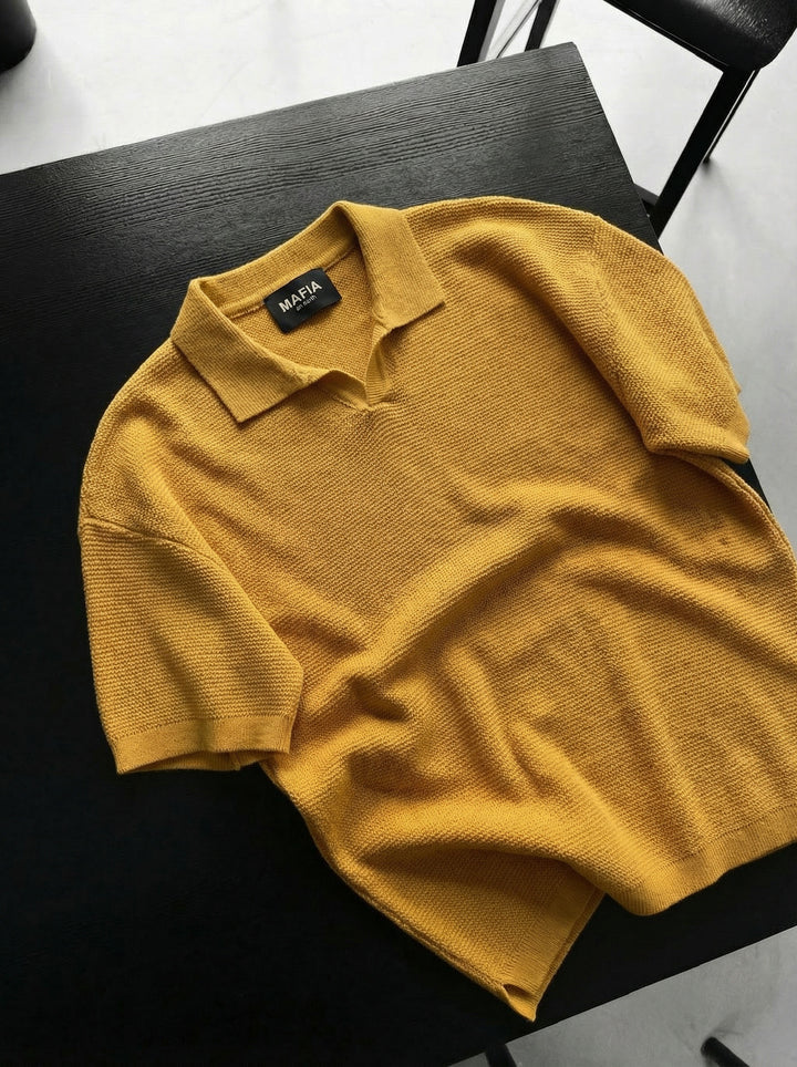 Oversize Collar Ribbed Knit T-Shirt - Saffron