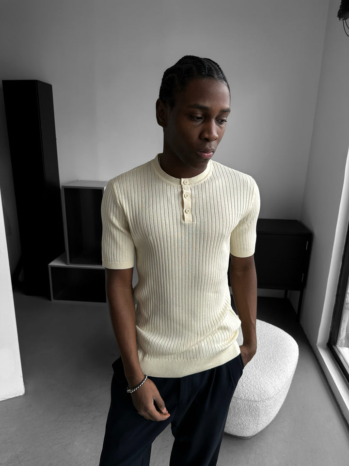 Slim Fit Button Knit T-shirt - Cream