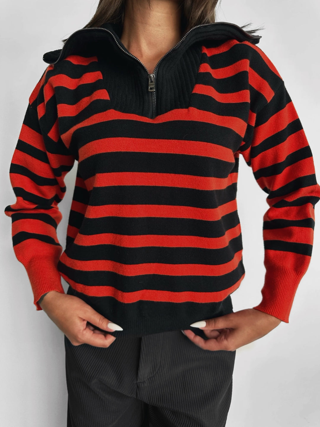 Textured Zipper Sweater - Red