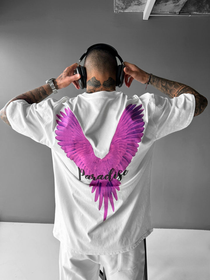 Oversize Parrot Paradise T-shirt - White and Pink