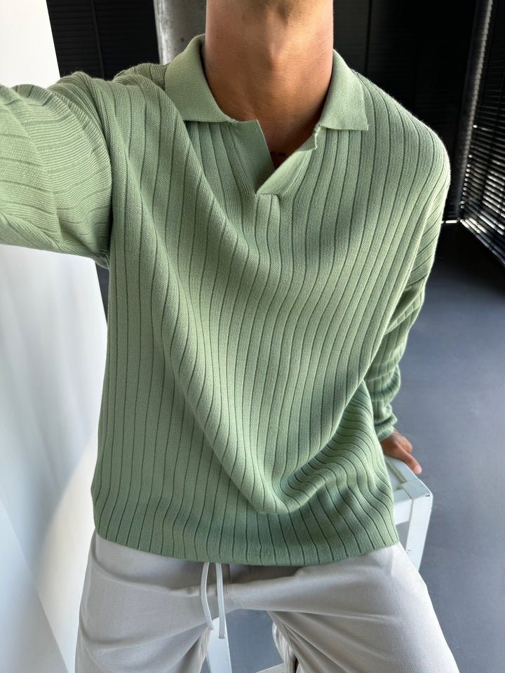 Oversize Wide Ribbed Long Arm Knit Polo Sweatshirt - Grass