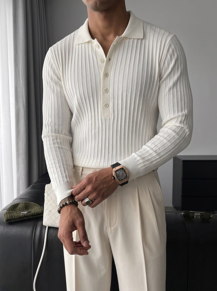 Slim Fit Polo Knit Sweater - Ecru