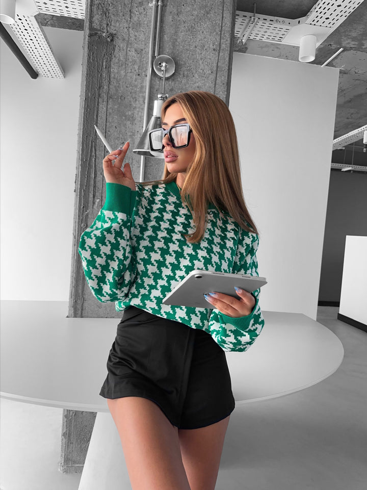 Oversize Houndstooth Pullover - Green