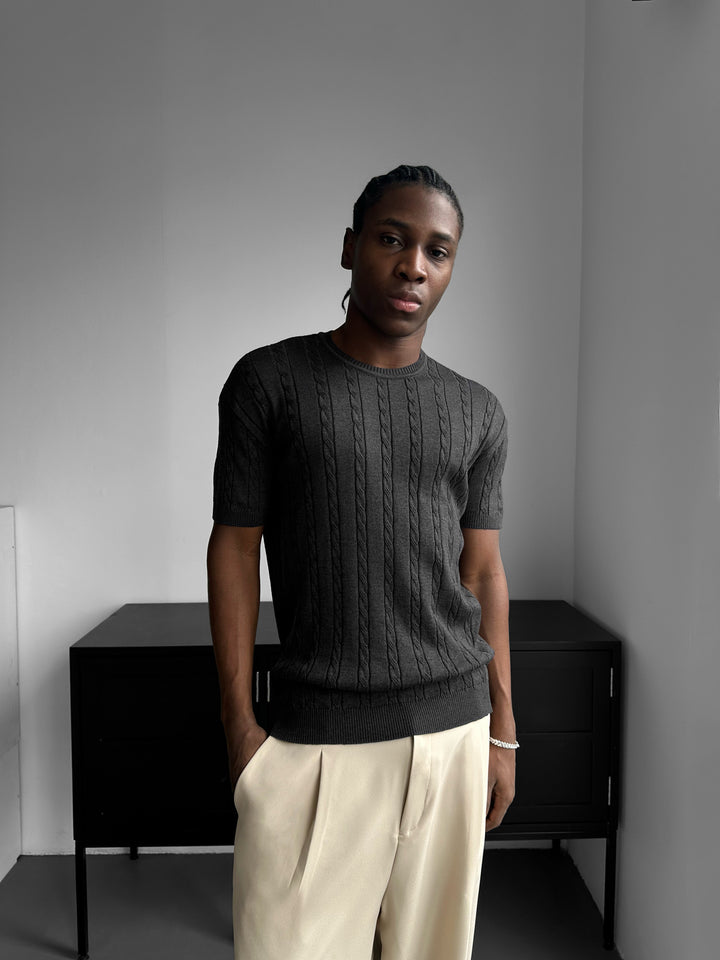 Loose Fit Braid Knit T-Shirt - Anthracite