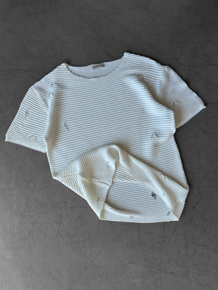 Loose Fit Torn Knit T-Shirt - White