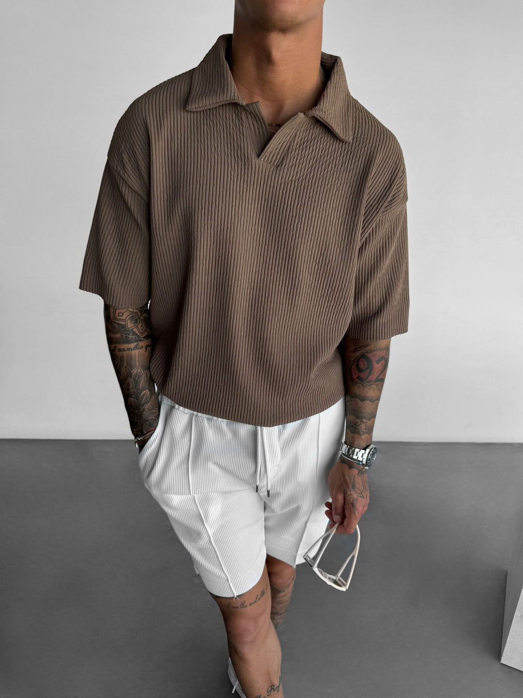 Oversize Ribbed Polo T-Shirt - Brown