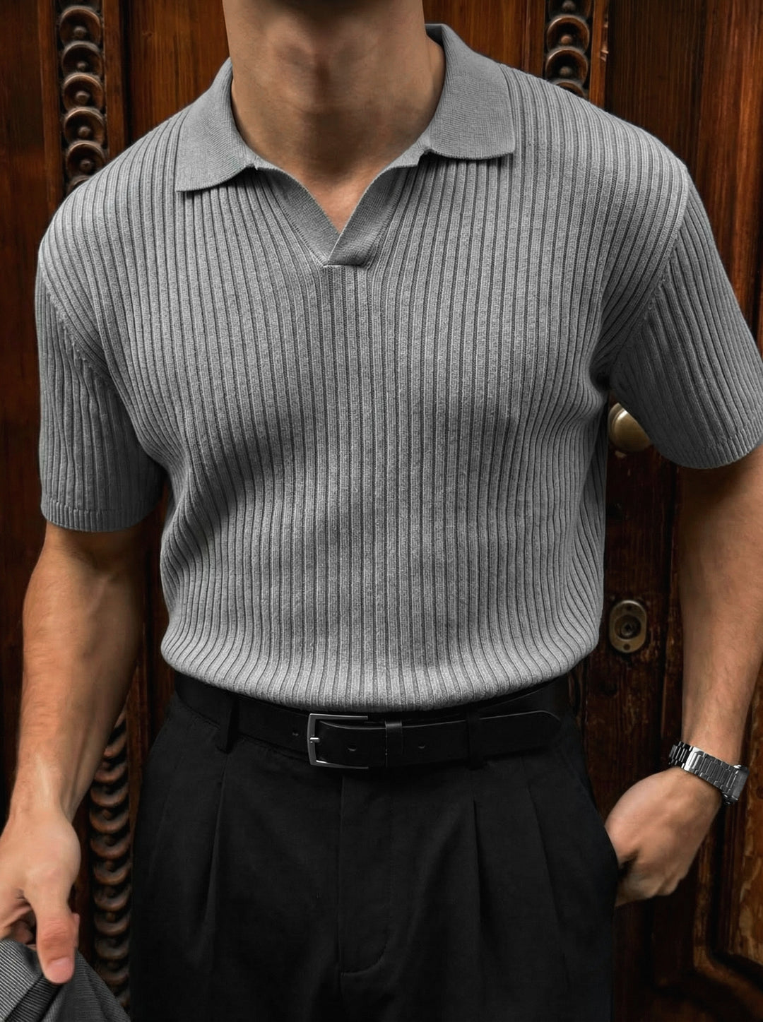 Slim Fit Knit Polo T-Shirt - Light Grey