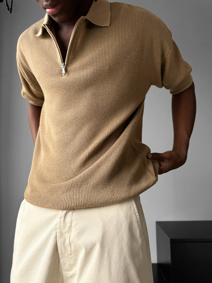 Oversize Zipper Knit Polo T-shirt - Brown