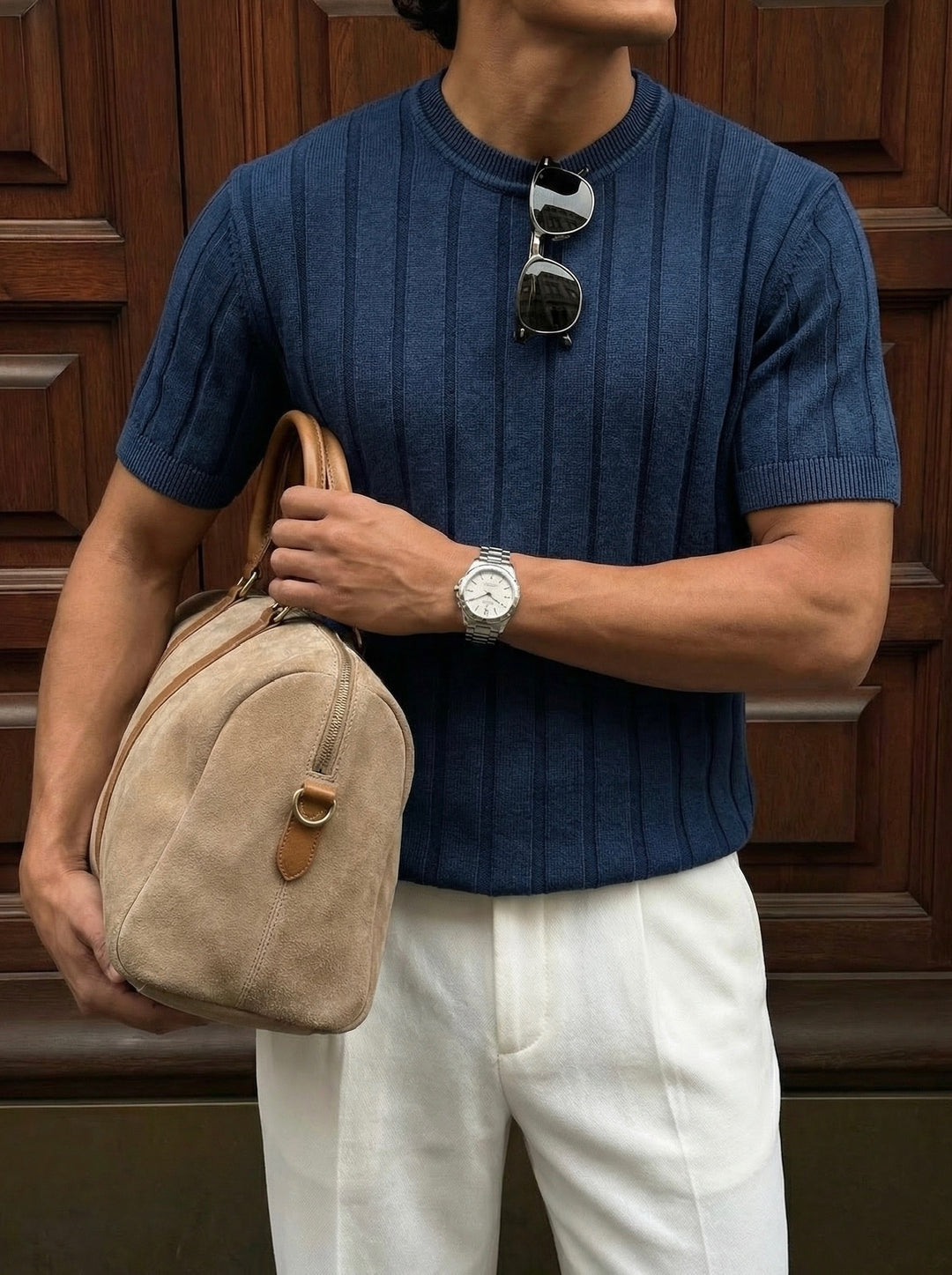 Slim Fit Washed Lines Knit T-Shirt - Blue