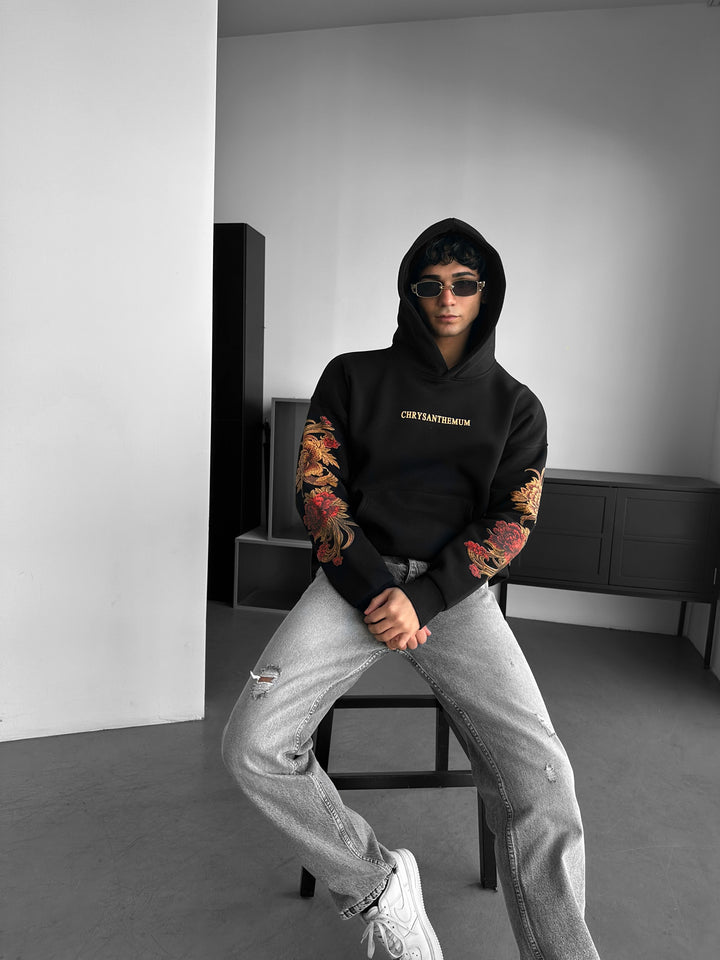 Oversize Chrysanthemum Hoodie - Black