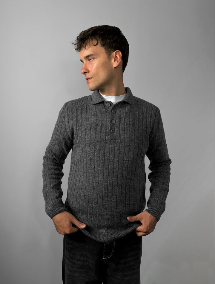 Loose Fit Polo Knit Pullover - Anthracite