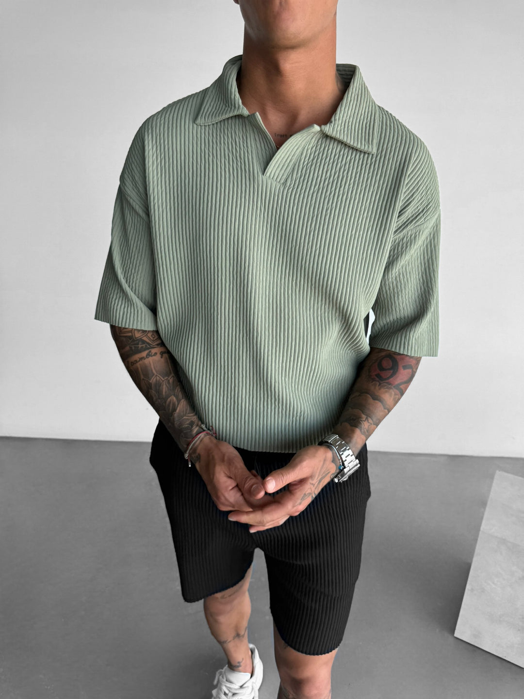 Oversize Ribbed Polo T-Shirt - Green