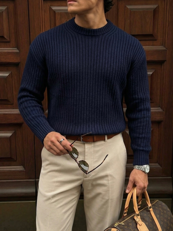 Loose Fit Striped Structure Pullover - Navy Blue
