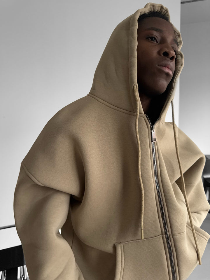 Oversize Basic Zipper Hoodie - Beige