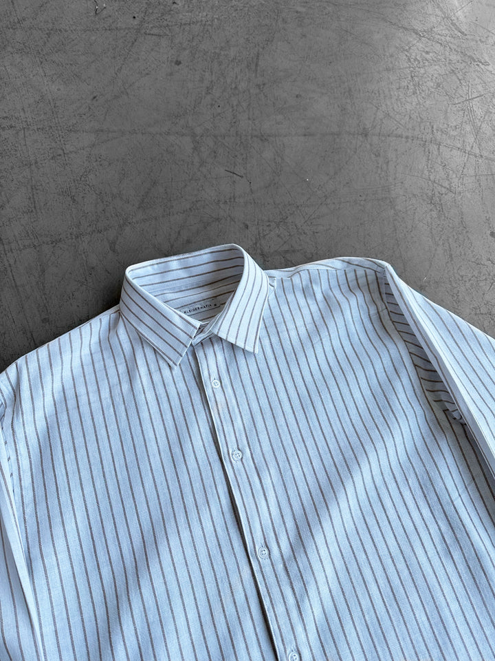Oversize Cotton Thin Striped Shirt - Ecru and Camel
