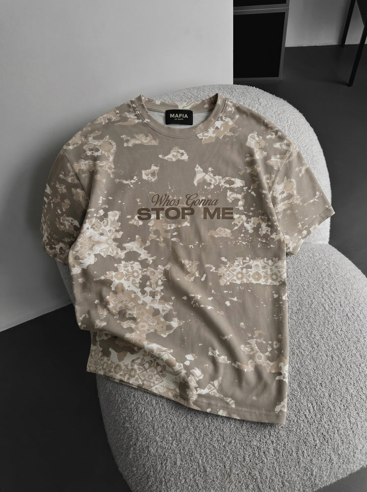 Oversize 'Stop Me' T-Shirt - Beige