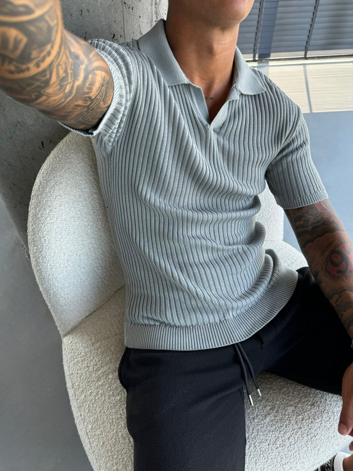 Slim Fit Knit Polo T-Shirt - Light Grey