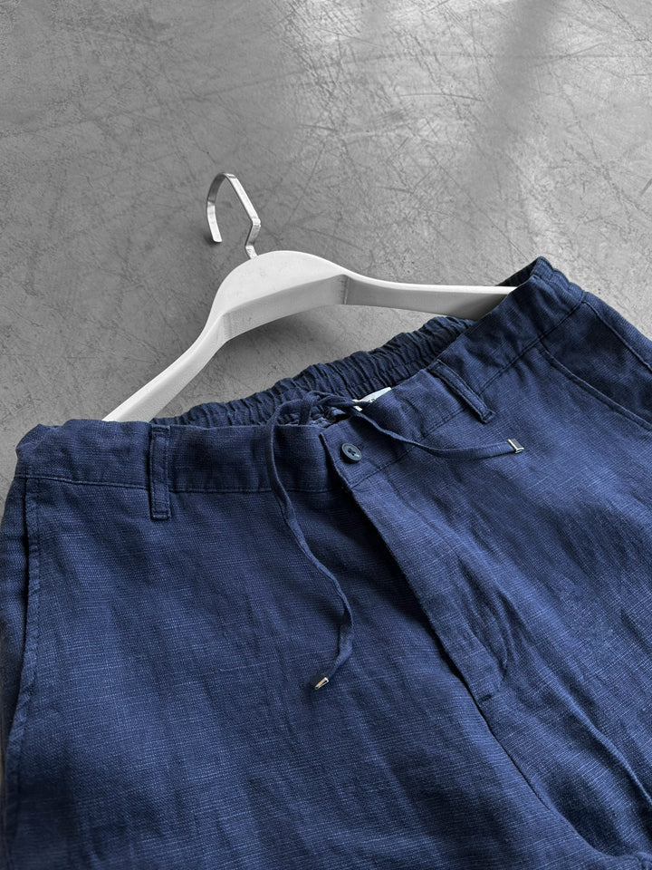Loose Fit Linen Trousers - Navy Blue